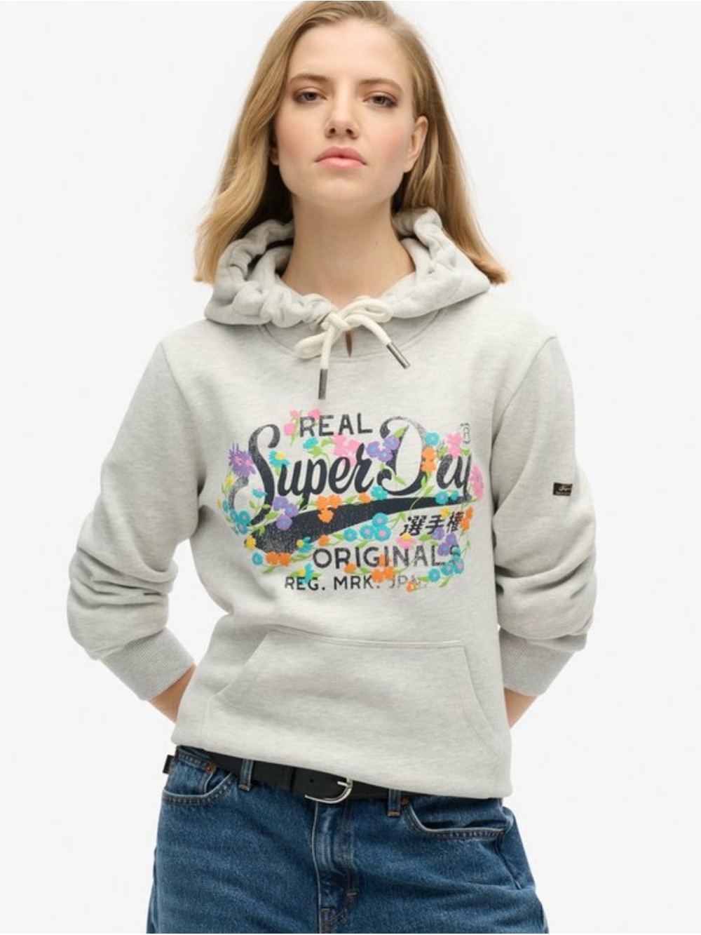 SUPERDRY Real Originals Floral Hoodie in Glacier Grey Marl Women's Size 8